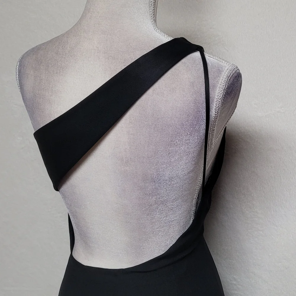 Vintage Andrea Polizzi Black Satin Crepe One-Shoulder Thigh Slit Backless Gown 6 - Picture 10 of 12